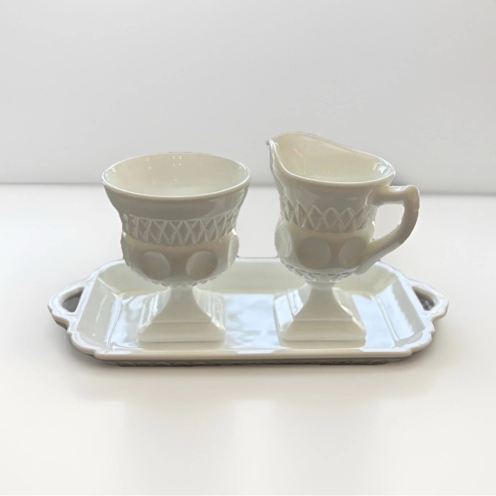 ✨ Vintage Colony Lacette Milk Glass Criss-Cross & Dot Creamer + Sugar + Tray 🤍